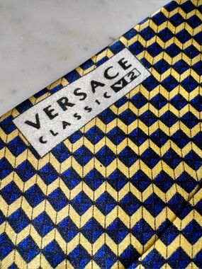 Versace 100% Silk Tie, Geometric Print in Navy Blue, Gold & Black